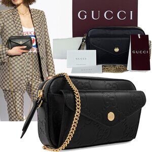 GUCCI BAG 781554 GG LOGO BLACK LEATHER SUPER MINI GOLD CHAIN
